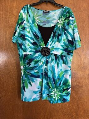 Elementz Teal, Green & Blue Floral V-Neck Tunic with Decorative Medallion